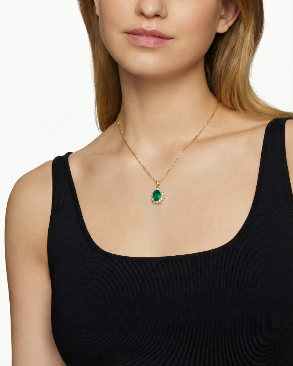 Oval Emerald Halo Pendant Necklace - 18k Gold