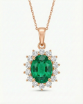 Emerald Halo Pendant Necklace - 18k Rose Gold