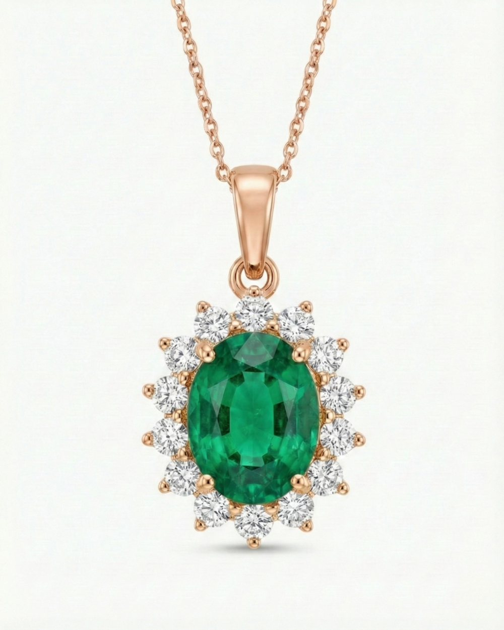 Emerald Halo Pendant Necklace - 18k Rose Gold