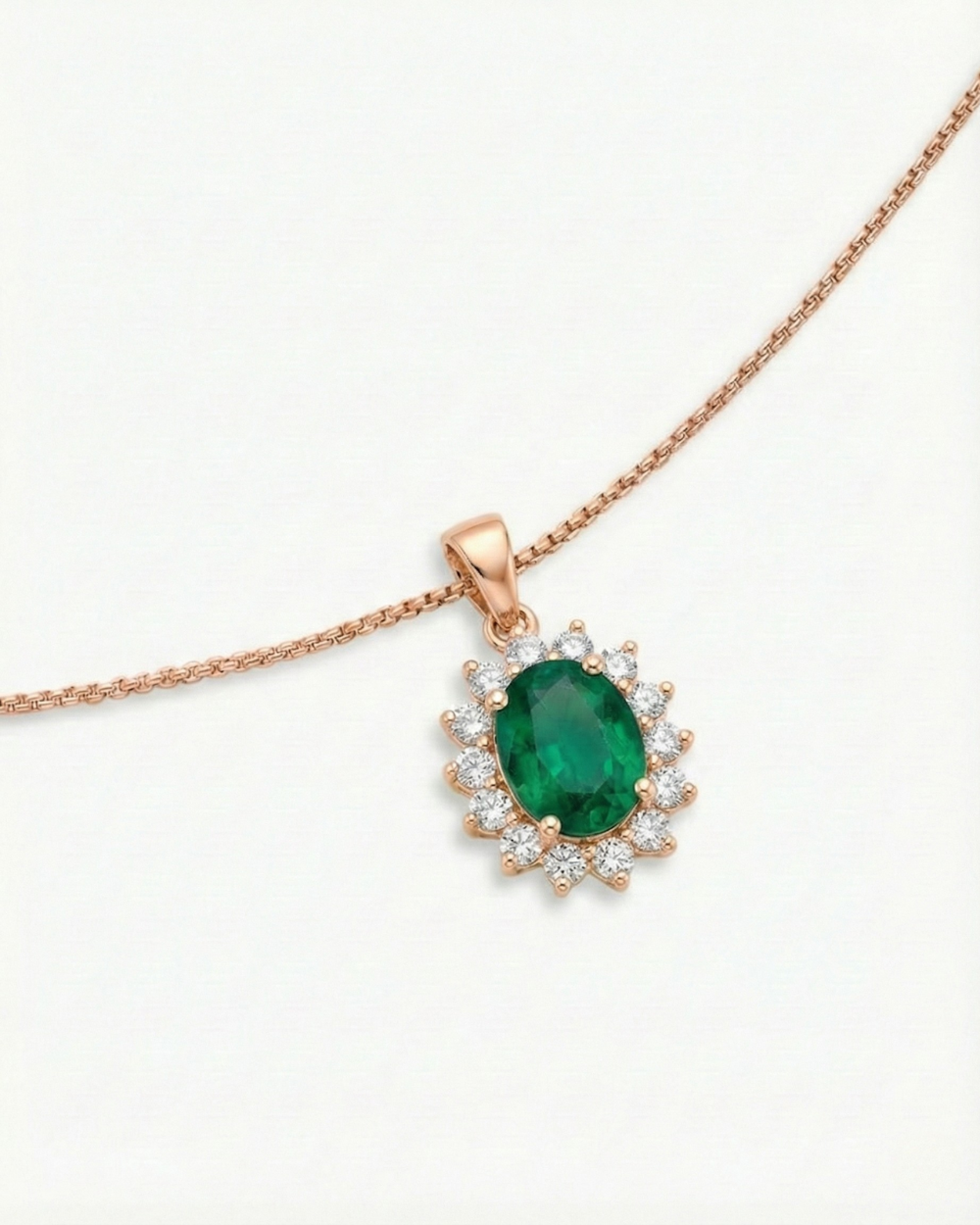 Emerald Halo Pendant Necklace - 18k Rose Gold