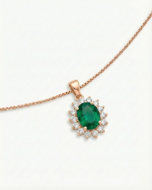 Emerald Halo Pendant Necklace - 18k Rose Gold