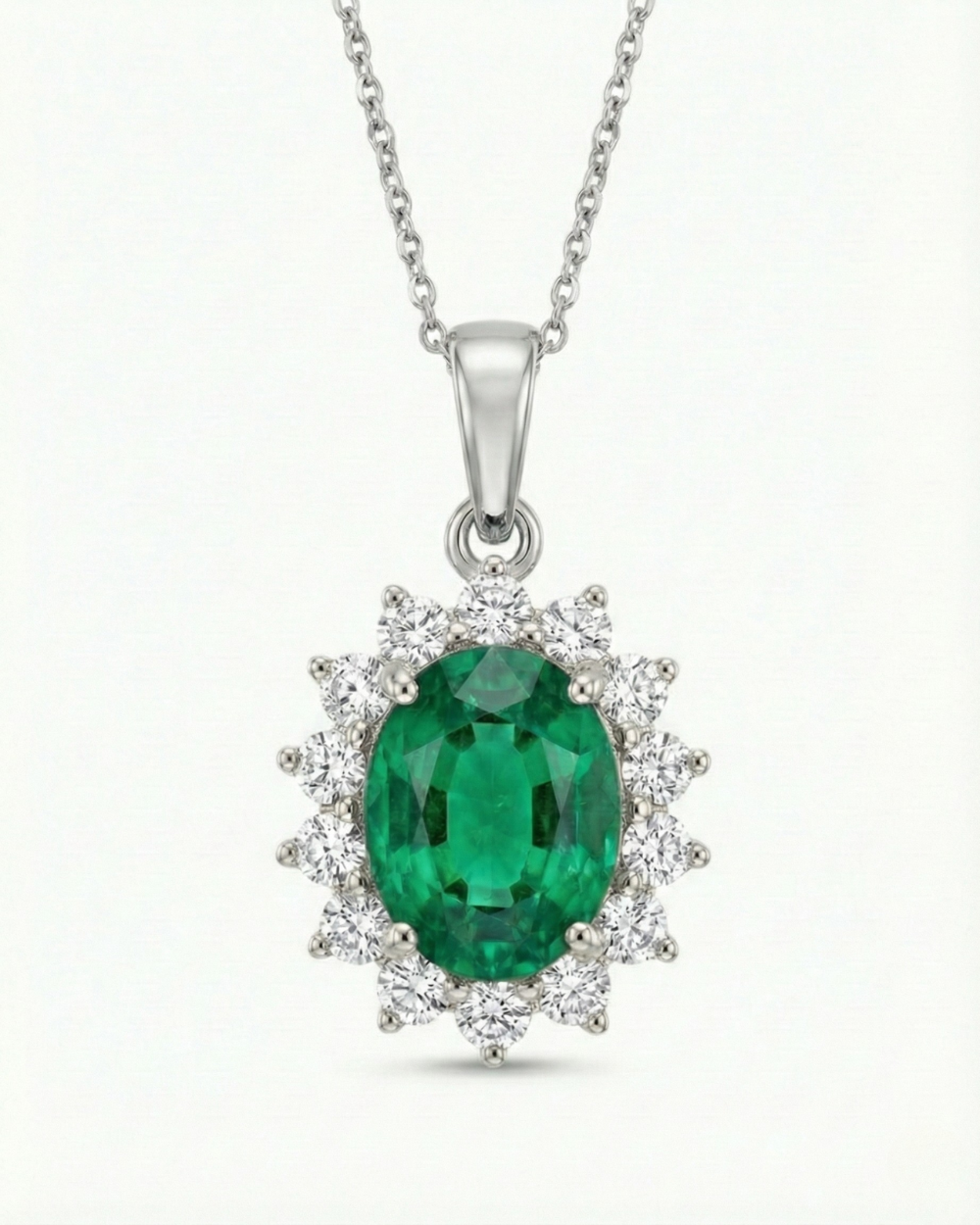 Emerald Halo Pendant Necklace - 18k White Gold