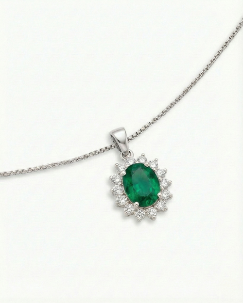 Emerald Halo Pendant Necklace - 18k White Gold