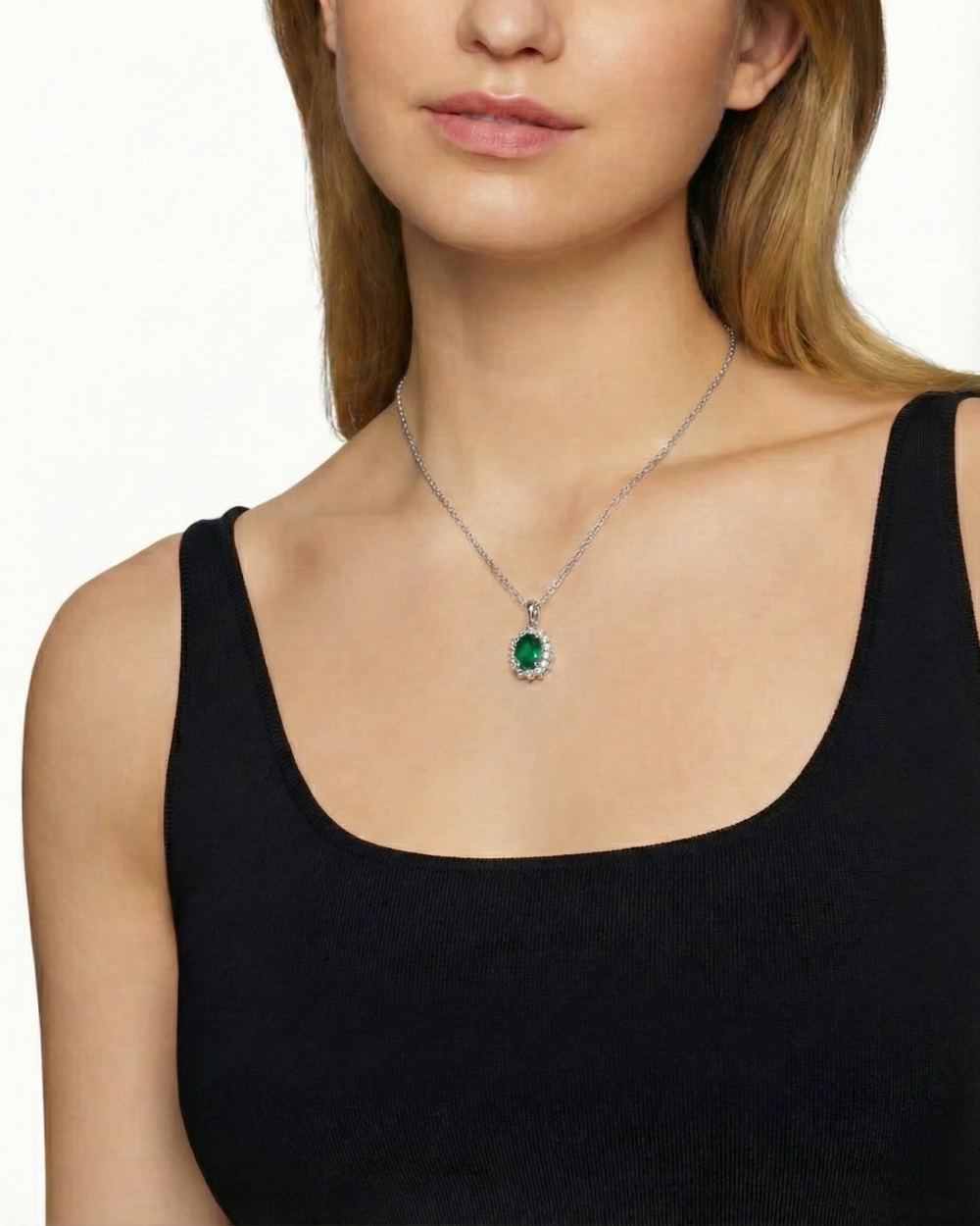 Emerald Halo Pendant Necklace - 18k White Gold