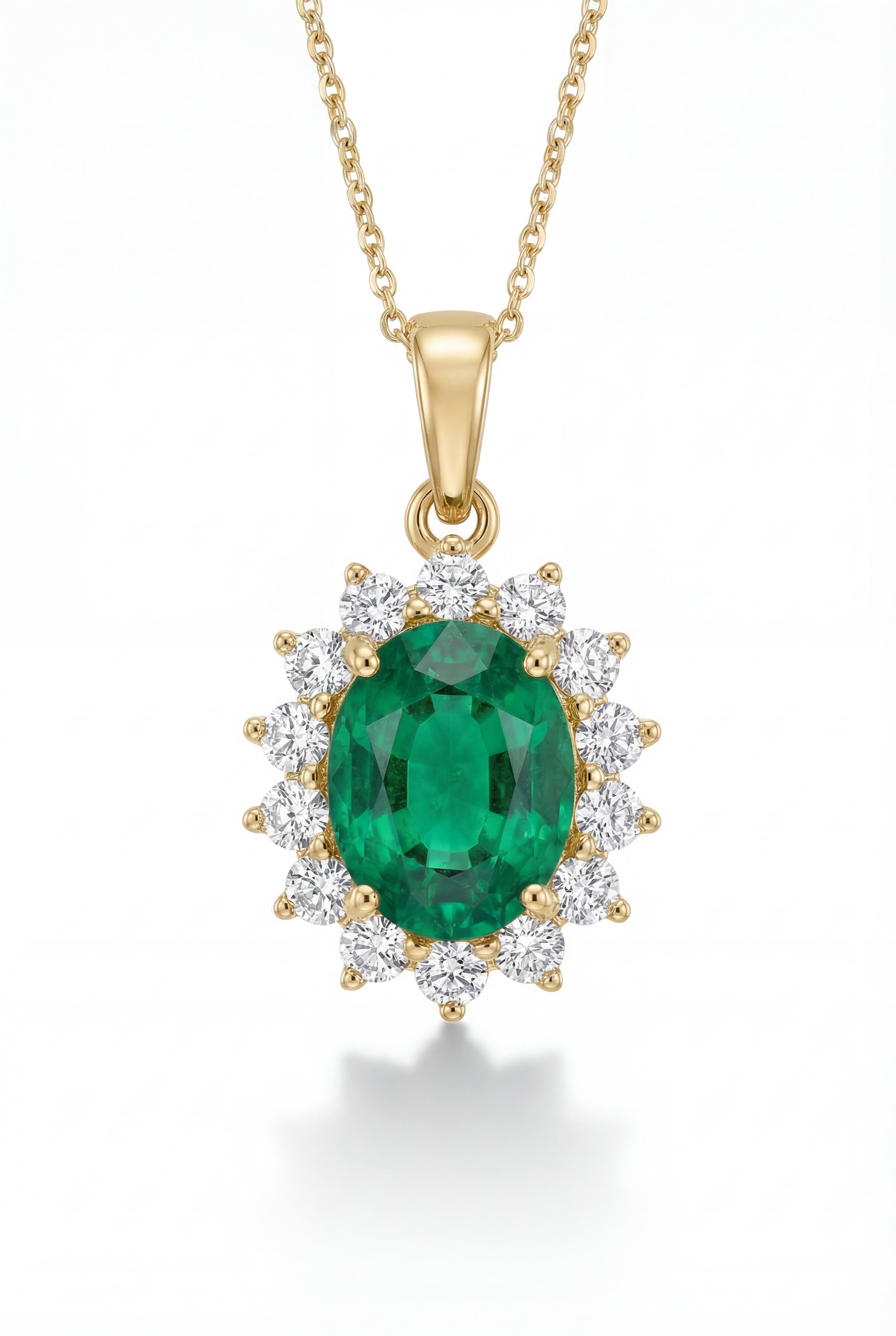 Oval Emerald Halo Pendant Necklace - 18k Gold