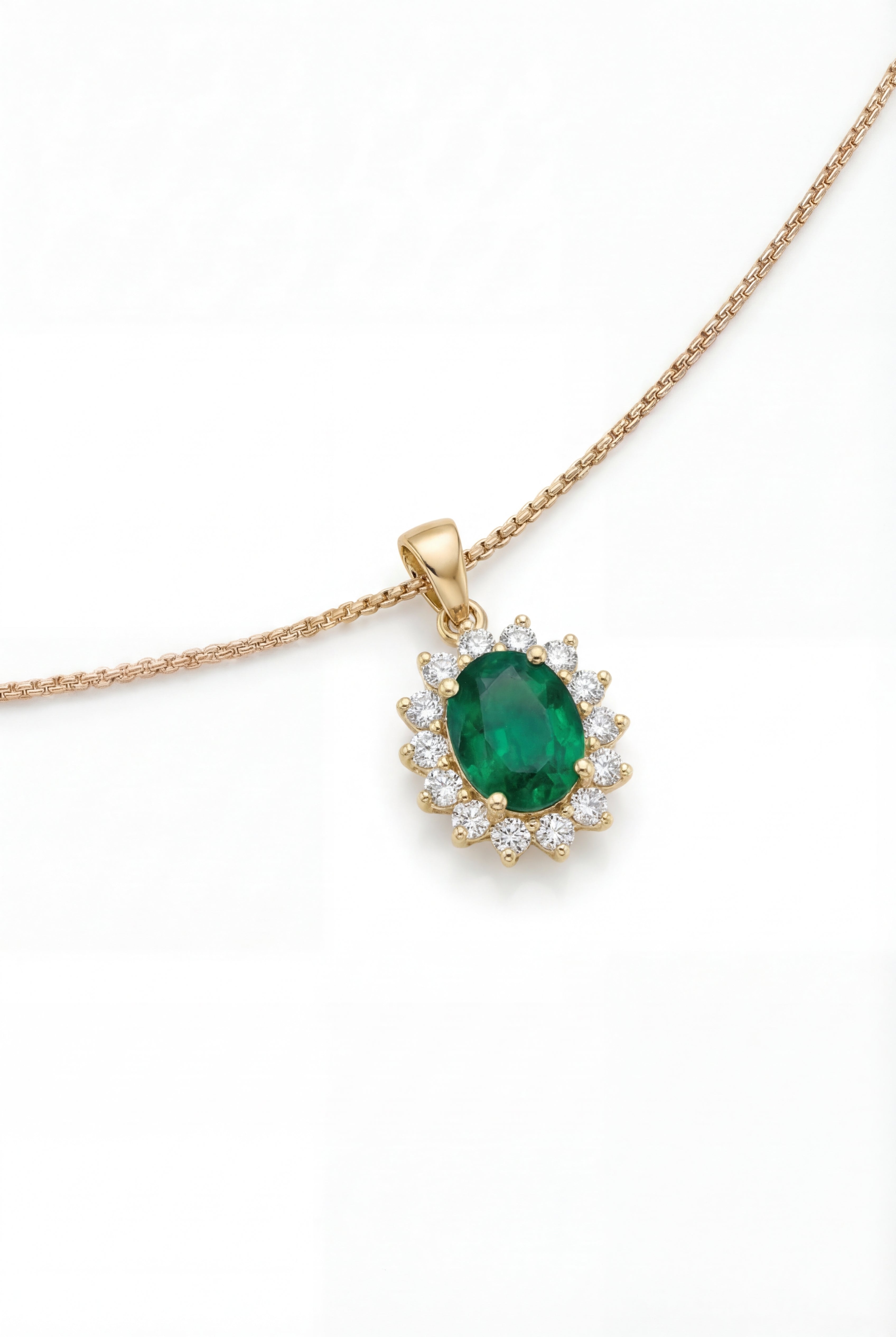 Oval Emerald Halo Pendant Necklace - 18k Gold